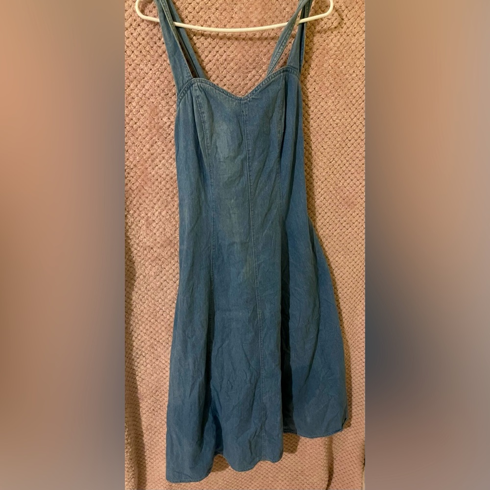Vintage California Gold Rush blue jean denim dress straps crossed back flared